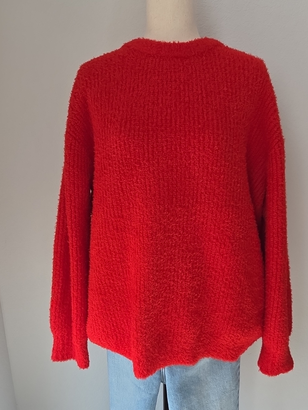 Cozy Women's Crewneck Sweater Bright Red Fubky Elmo Fuzz Texture Holiday Party
